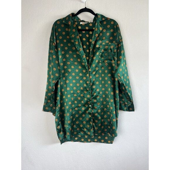 Victoria Secret Vintage Y2K Gold Label Womens Sleep Shirt Green Satin Pjs Medium - Picture 1 of 11